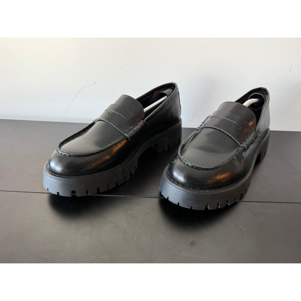 Steve Madden Langsten Black Leather Lug Sole Penny Loafers Women 10